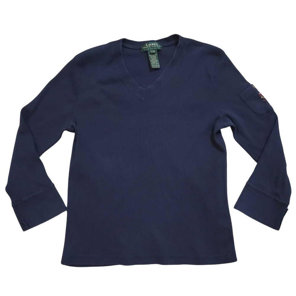 Lauren Ralph Lauren M Petite Navy Blue V-Neck Thermal Anchor Sleeve Pocket PM